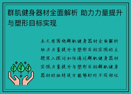 群肌健身器材全面解析 助力力量提升与塑形目标实现