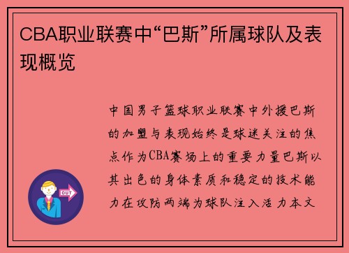 CBA职业联赛中“巴斯”所属球队及表现概览